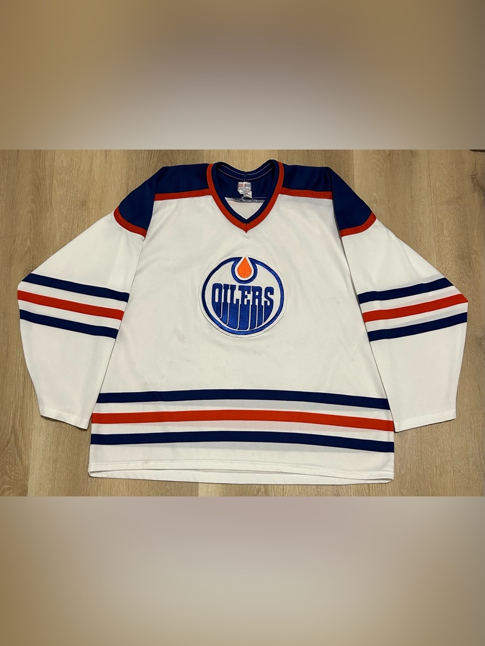Vintage 80s 90s CCM Edmonton Oilers White Hockey Jersey - Blue & Orange